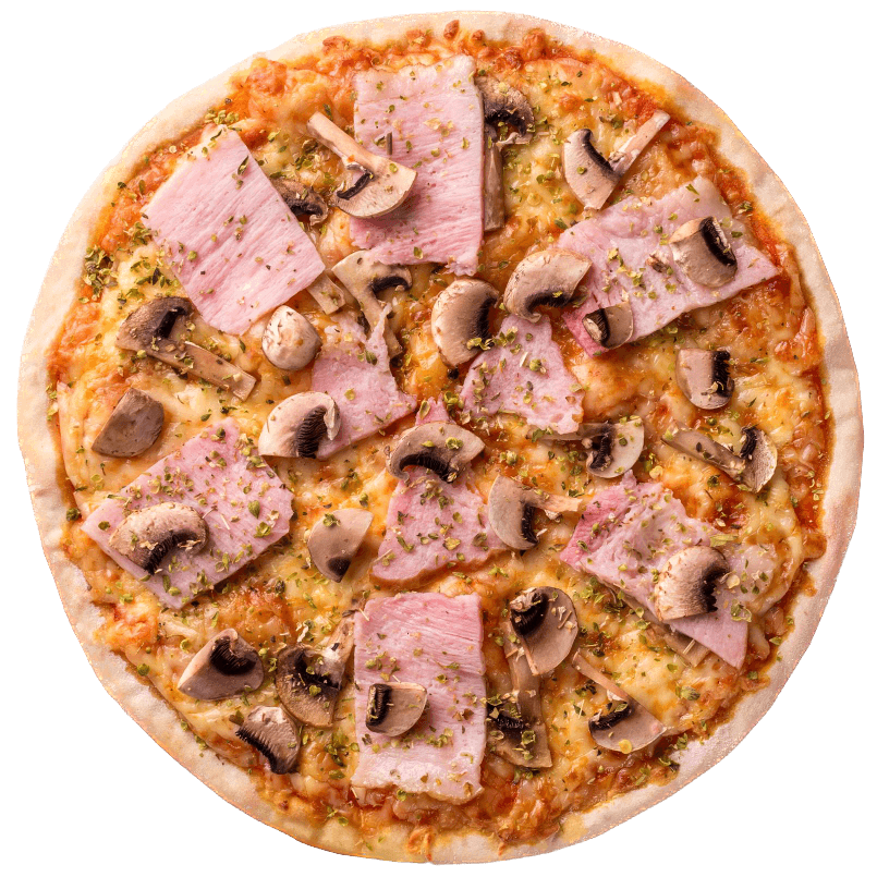 Fresh pizza with mushrooms ham cheese